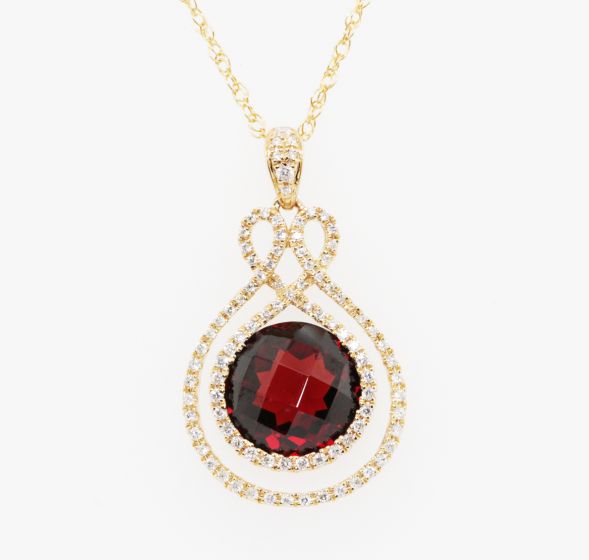 14K Yellow Gold Garnet and Diamond Swirl Halo Pendant Necklace, 18”