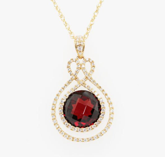 14K Yellow Gold Garnet and Diamond Swirl Halo Pendant Necklace, 18”