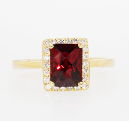 14K Yellow Gold Rectangular Cushion Garnet Diamond Halo Ring