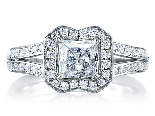 A. Jaffe 18k White Gold Designer Split Shank Princess Halo Diamond Engagement Ring