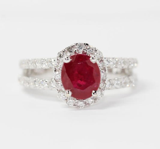 14K White Gold Oval Ruby and Diamond Split Shank Halo Ring