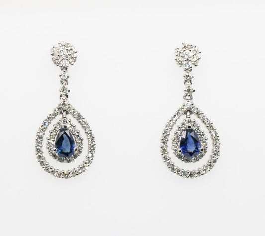 Estate 14K White Gold Pear Shape Blue Sapphire Diamond Drop Earrings