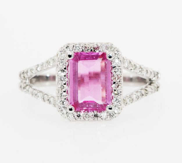 14K White Gold Emerald Cut Pink Sapphire Diamond Halo Split Shank Ring