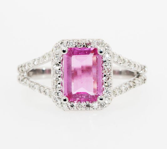 14K White Gold Emerald Cut Pink Sapphire Diamond Halo Split Shank Ring